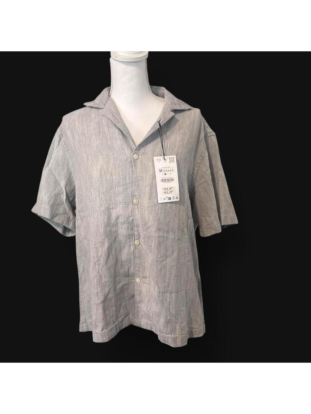 ZARA Textured Gray Striped Short Sleeve Button Up Shirt M nwt